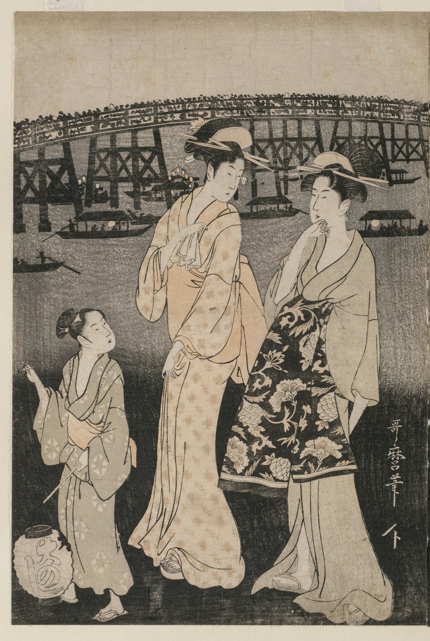 Naiset nauttivat iltaviileästä Ryogokun sillan lähellä tekijältä Kitagawa Utamaro