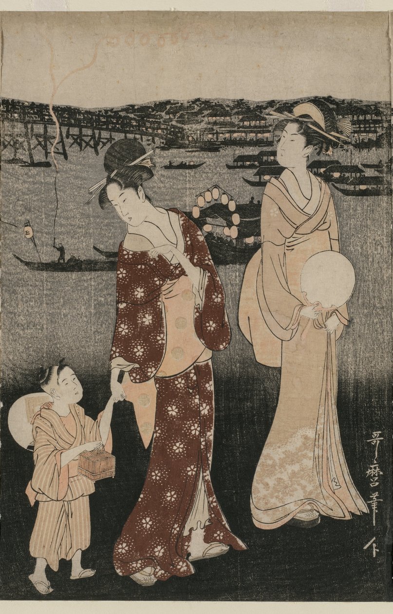 Naiset nauttivat iltaviileistä Ryogoku-sillan lähellä tekijältä Kitagawa Utamaro