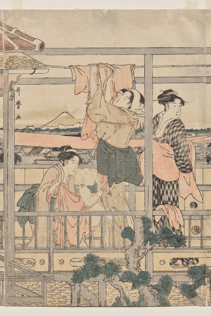 Naiset ripustavat pyykkiä parvekkeelle kuivattavaksi tekijältä Kitagawa Utamaro