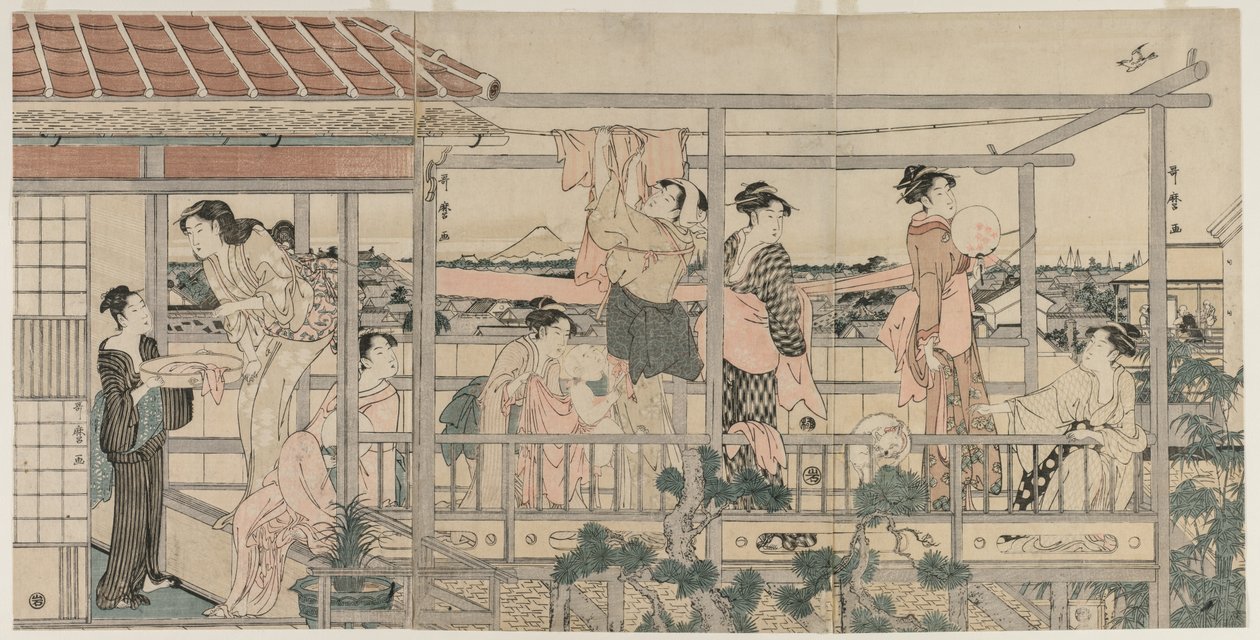 Naiset ripustavat pyykkiä parvekkeelle kuivattavaksi, 1790-luvun alku. tekijältä Kitagawa Utamaro