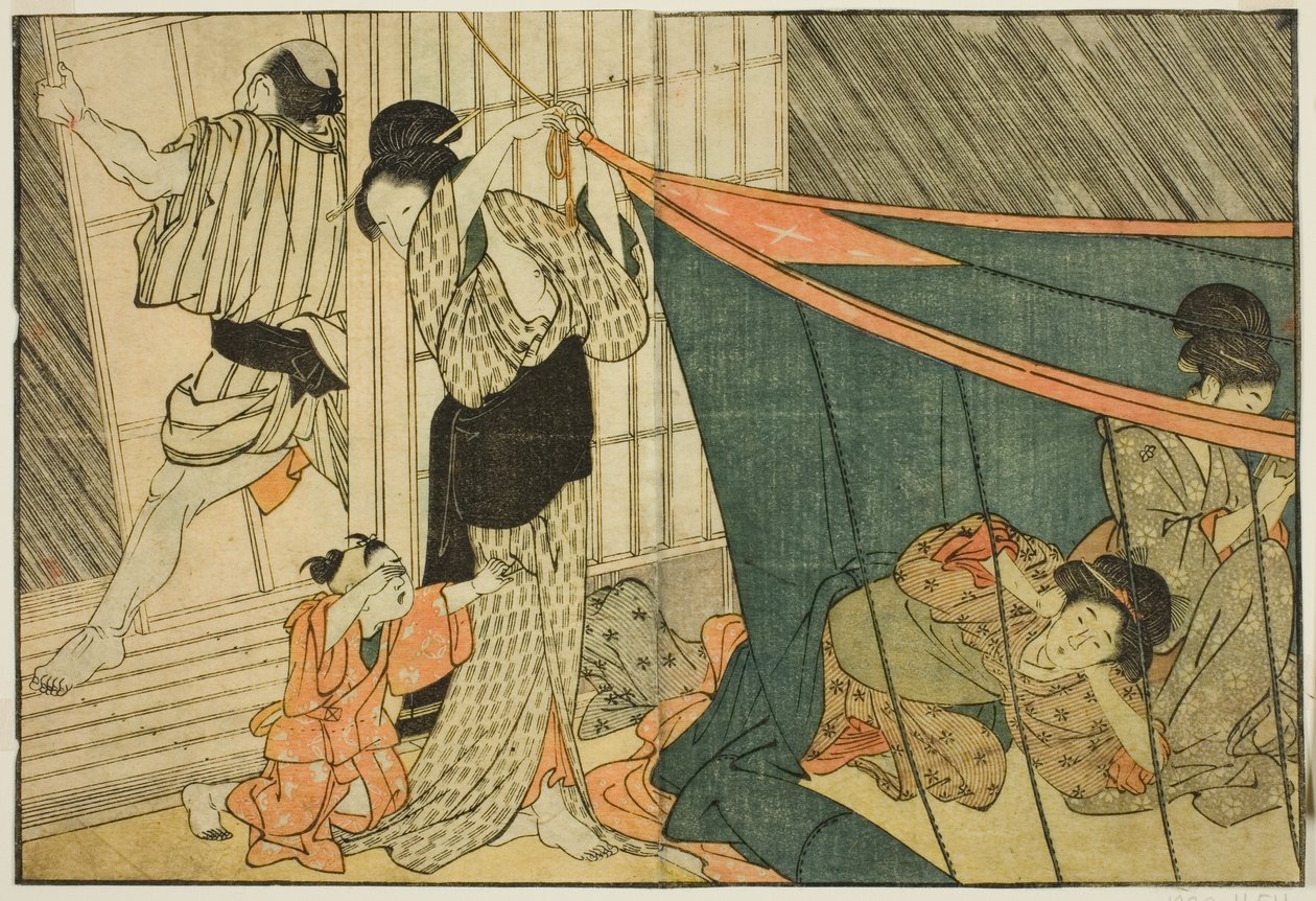 Naiset hyttysverkon sisällä ukkosmyrskyn aikana kuvitetusta kirjasta "Picture Book: Flowers of the Four Seasons (Ehon shiki no hana)," voi. 1 tekijältä Kitagawa Utamaro