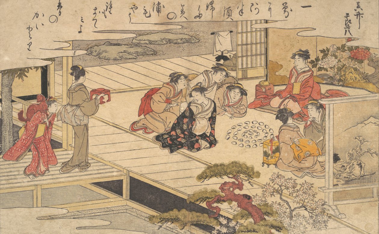 Naiset leikkivät peliä kuorilla, 1790. tekijältä Kitagawa Utamaro