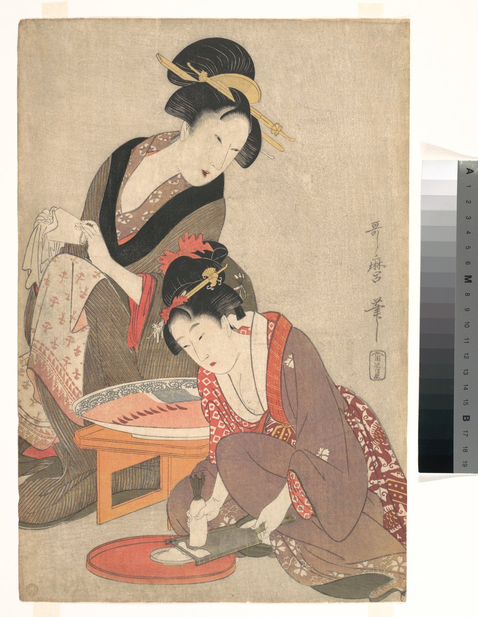 Naiset valmistamassa sashimia tekijältä Kitagawa Utamaro
