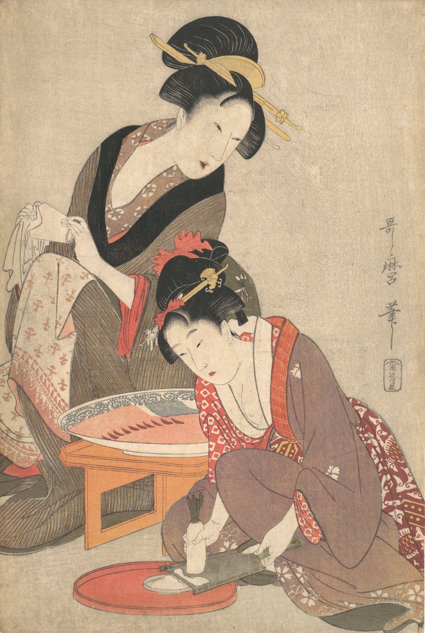 Naiset valmistavat sashimia, 1806-20. tekijältä Kitagawa Utamaro