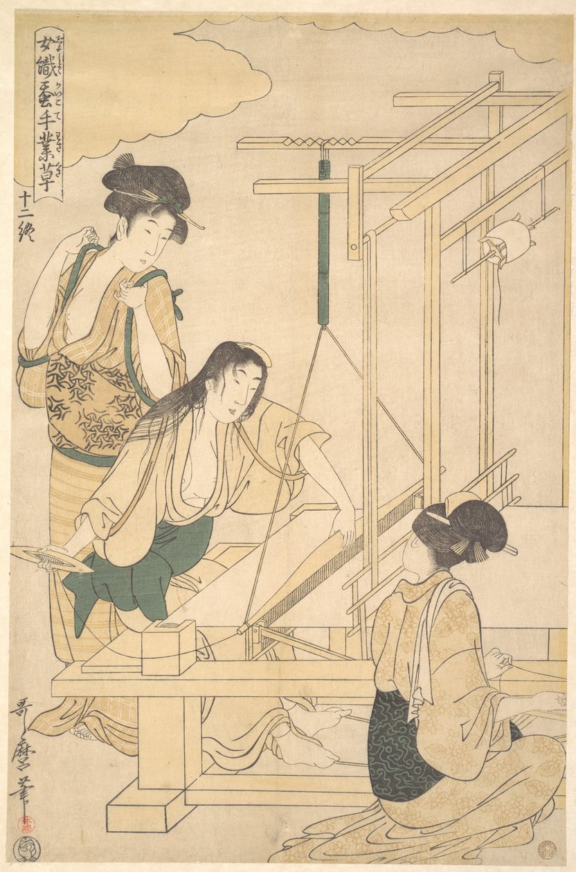 Naisia kutomassa silkkikangasta tekijältä Kitagawa Utamaro