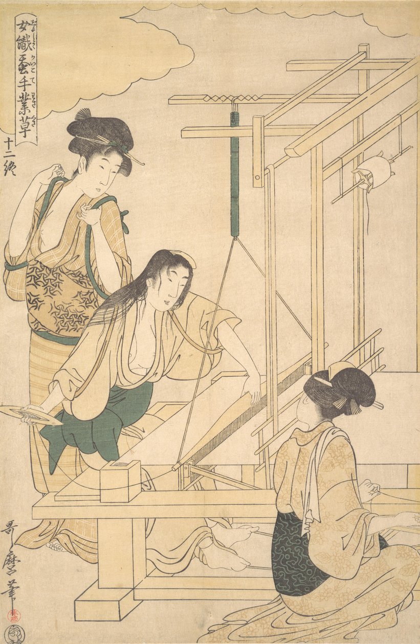 Naiset kutovat silkkikangasta, n. 1800. tekijältä Kitagawa Utamaro