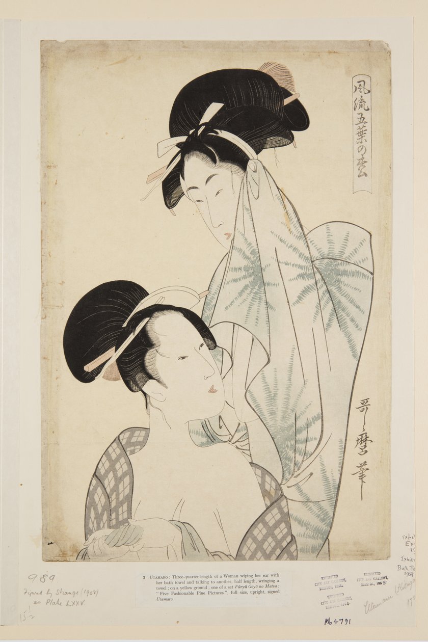 Naiset kylvyn jälkeen (värillinen puupainatus) tekijältä Kitagawa Utamaro