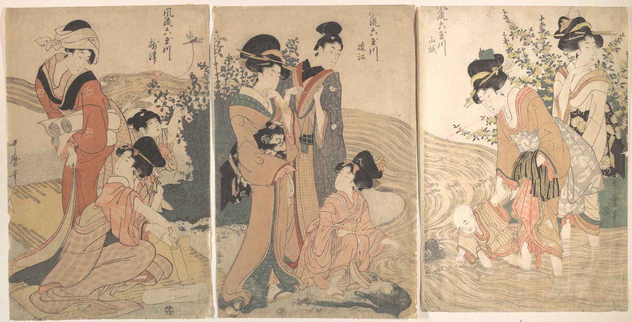 Naisia ja lapsia puron rannalla tekijältä Kitagawa Utamaro