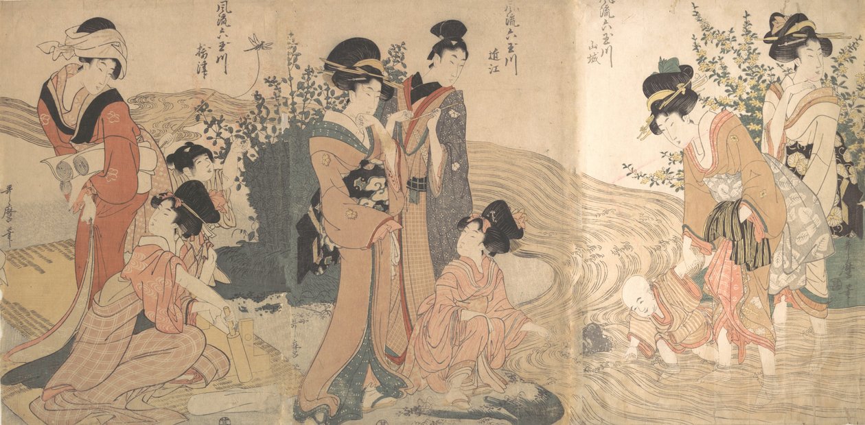 Naiset ja lapset puron rannalla, 1700-luvun loppu - 1800-luvun alku. tekijältä Kitagawa Utamaro