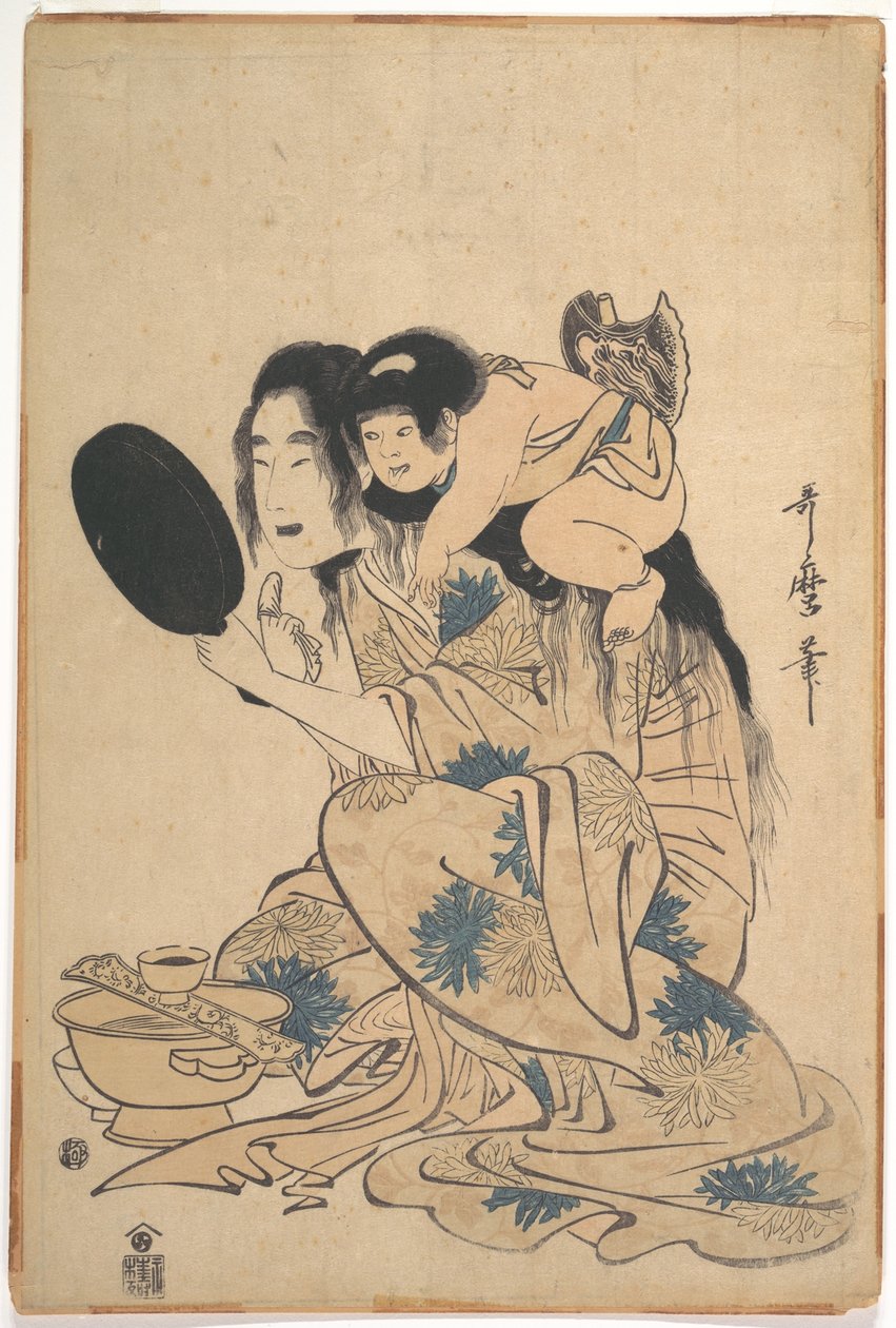 Yamauba mustaamassa hampaitaan, seuranaan Kintarō tekijältä Kitagawa Utamaro