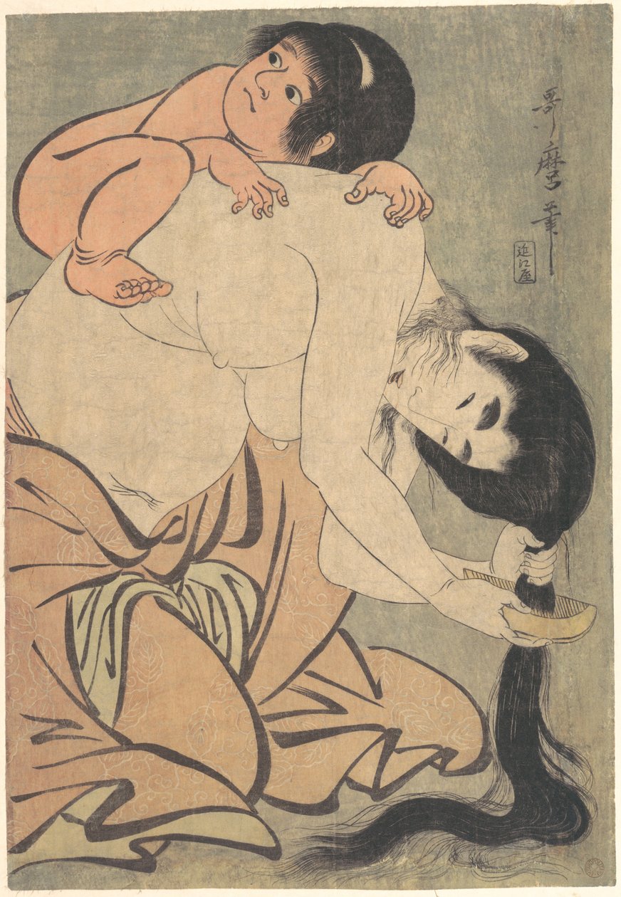 Yamauba kampaa hiuksiaan Kintarōn kanssa tekijältä Kitagawa Utamaro