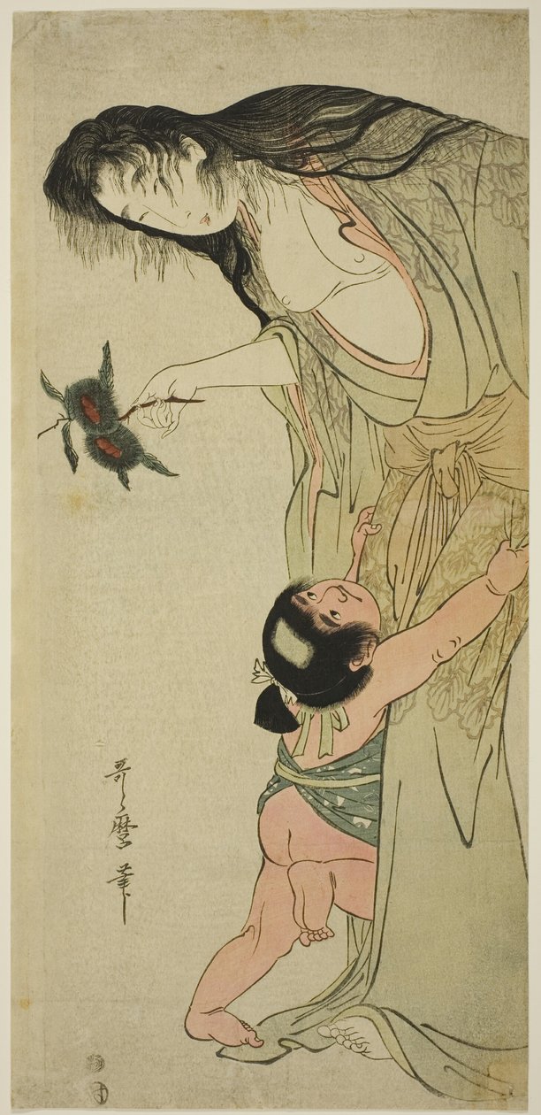 Yamauba pitelee kastanjoita, kun Kintaro tavoittaa niitä tekijältä Kitagawa Utamaro
