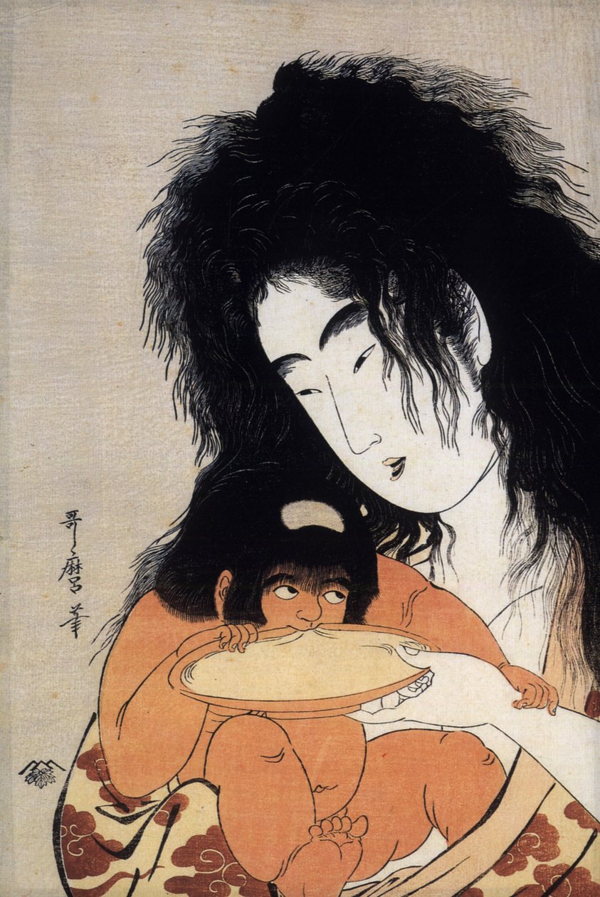 Yamauba ja hänen poikansa Kintaro, japanilainen postimerkki, n. 1804-05 (painettu) tekijältä Kitagawa Utamaro