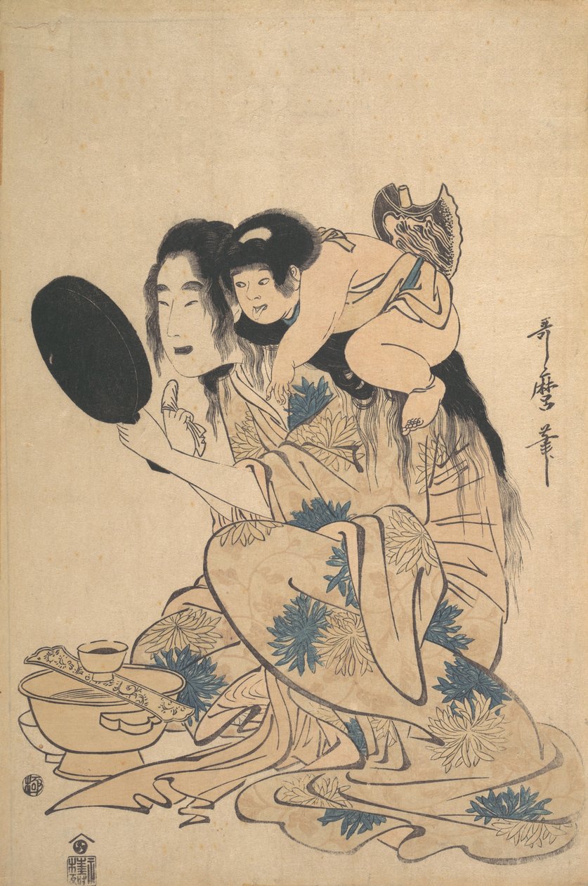 Yamauba mustaa hampaitaan ja Kintoki, n. 1795. tekijältä Kitagawa Utamaro