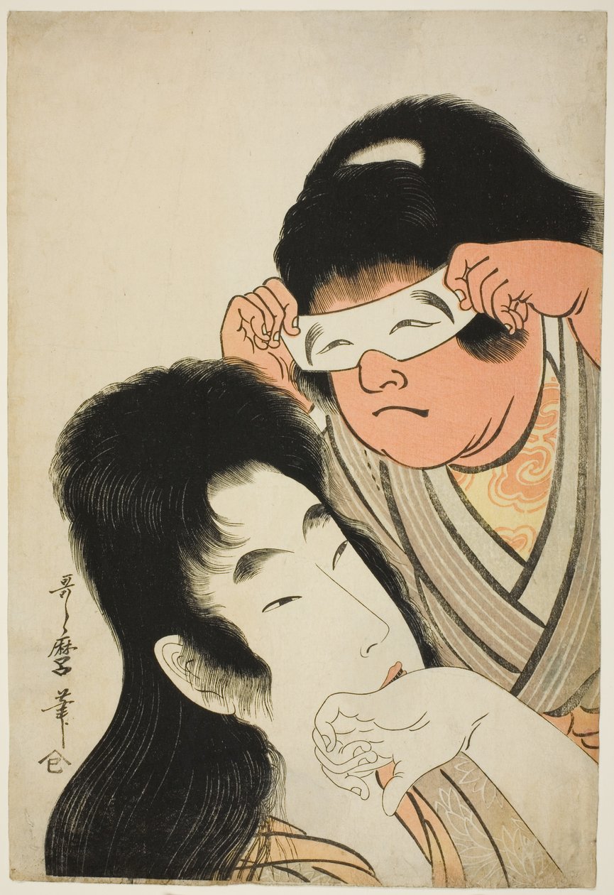 Yamauba Kintaron kanssa pitelemässä lelunaamiota tekijältä Kitagawa Utamaro