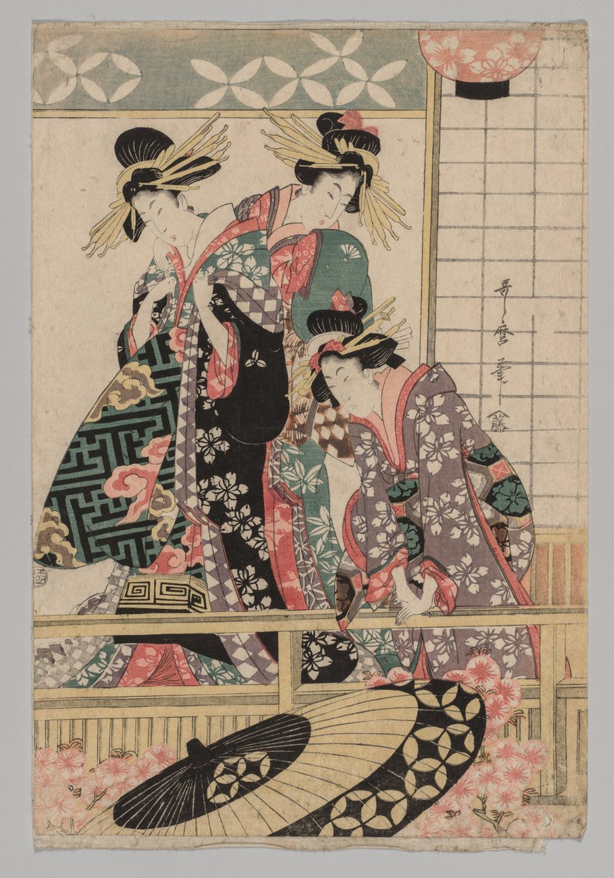 Yoshiwaran naiset katsovat kadulle keväällä tekijältä Kitagawa Utamaro