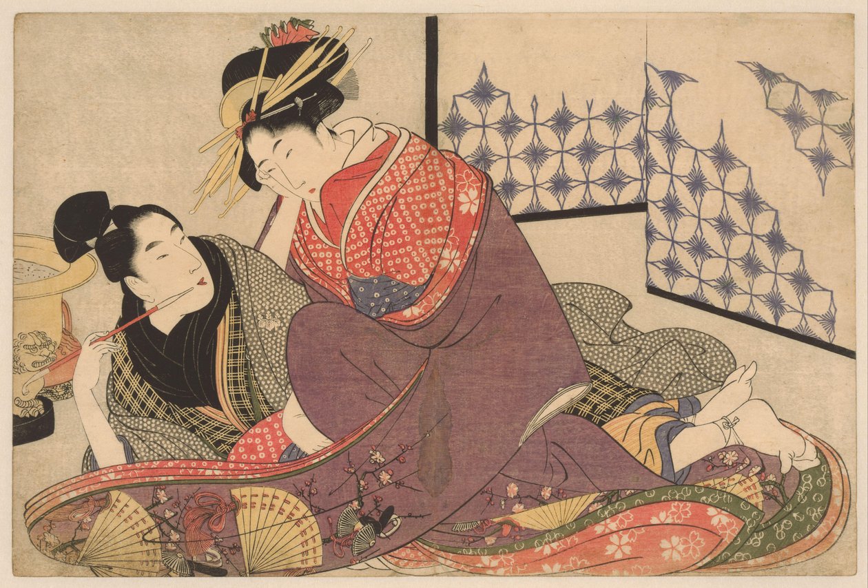 Nuori mies tupakoi kurtisaanin kanssa Jonge mies tapasi courtisane Negai no itoguchi (sarjan nimi) tekijältä Kitagawa Utamaro