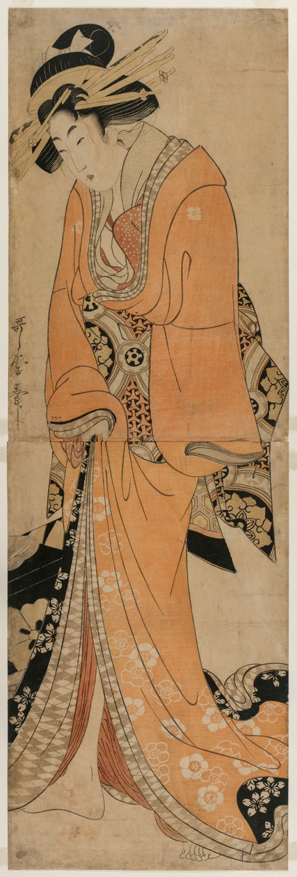 Geisha seisoo Shamisen-laukun vieressä tekijältä Kitagawa Utamaro II