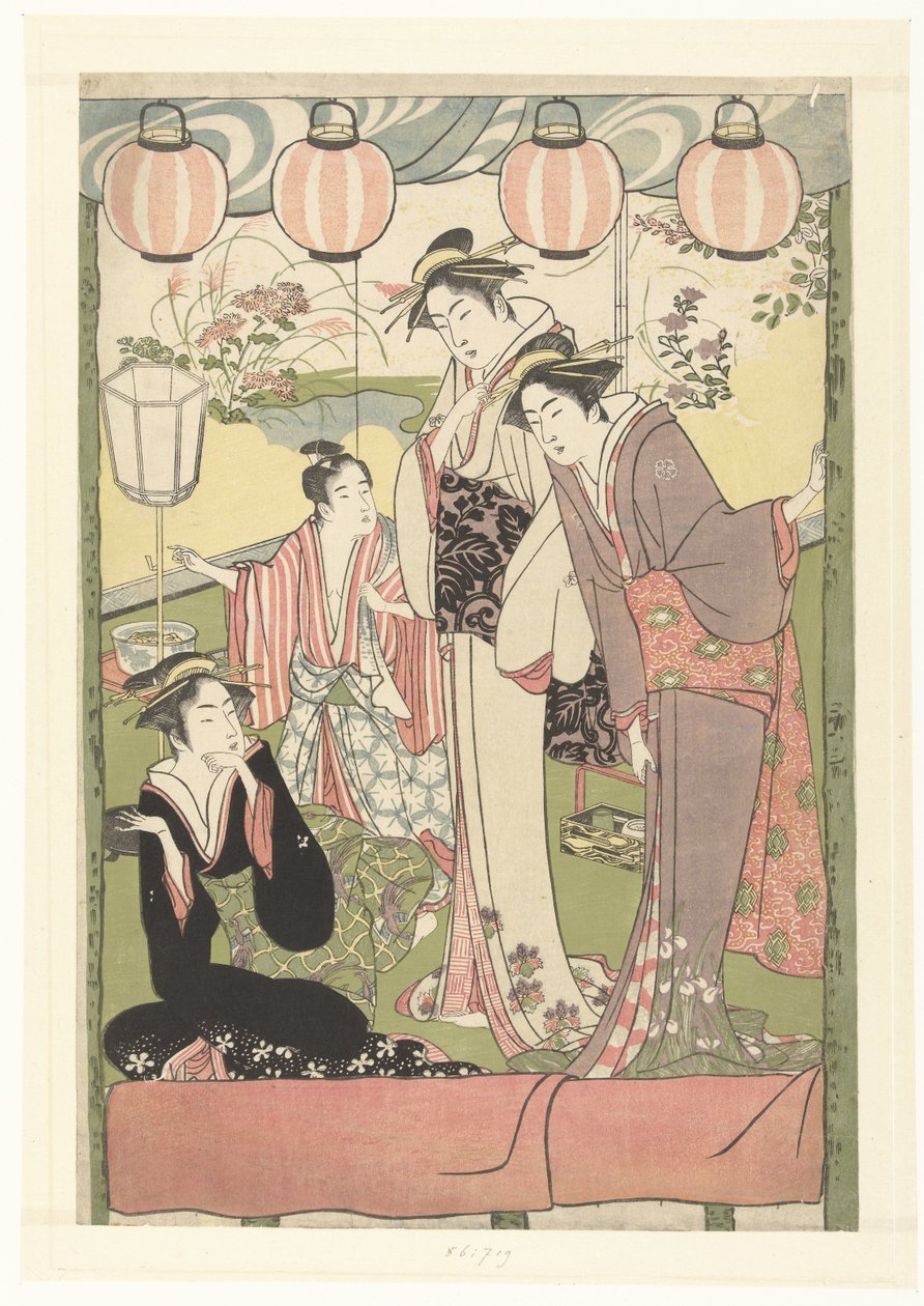 Kolme naista ja poika lyhtyjen alla tekijältä Kitao Masanobu (attributed to)