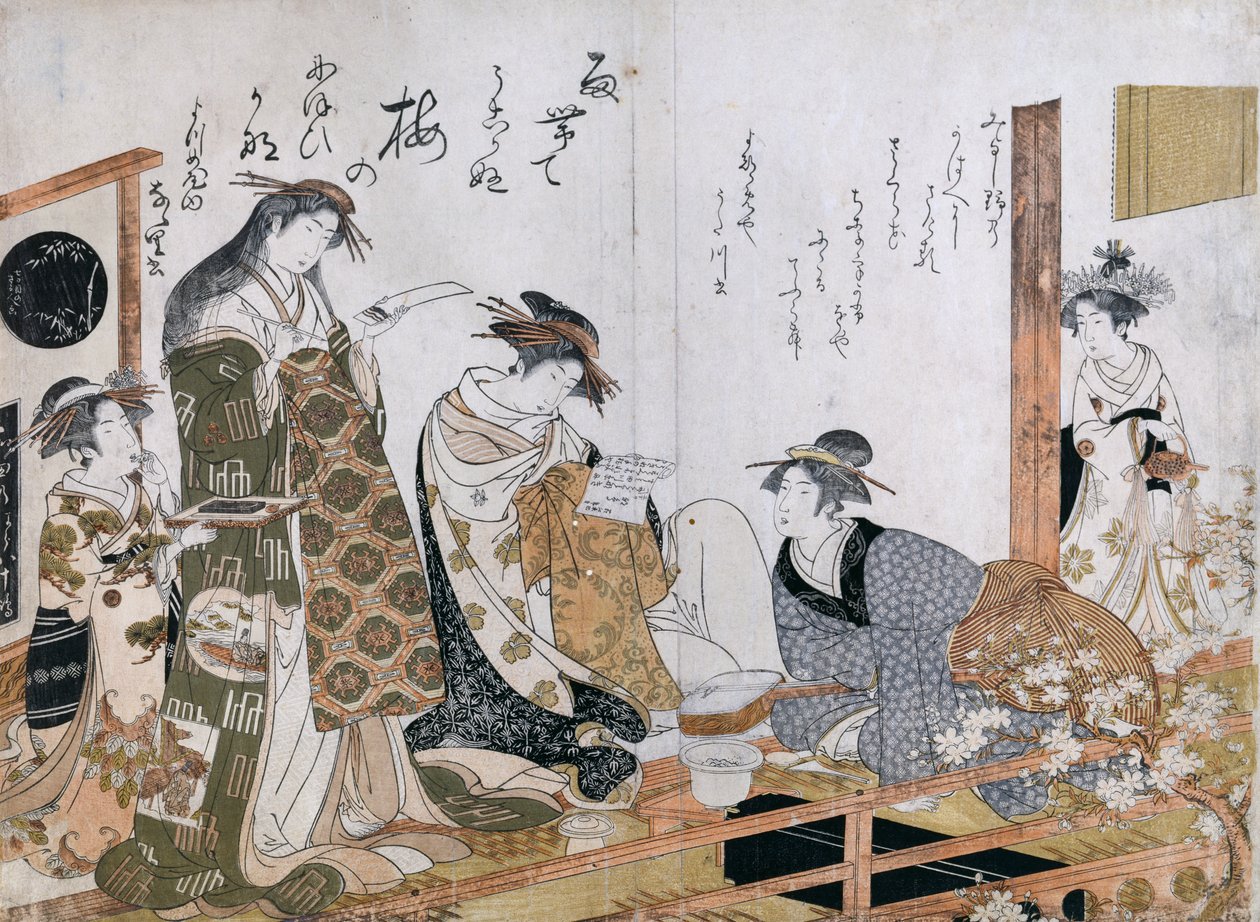Kurtisaanit kimonoissa, kuvitus kurtisaaneista Utagawa ja Nanasato Yotsuba Housesta tekijältä Kitao Masanobu