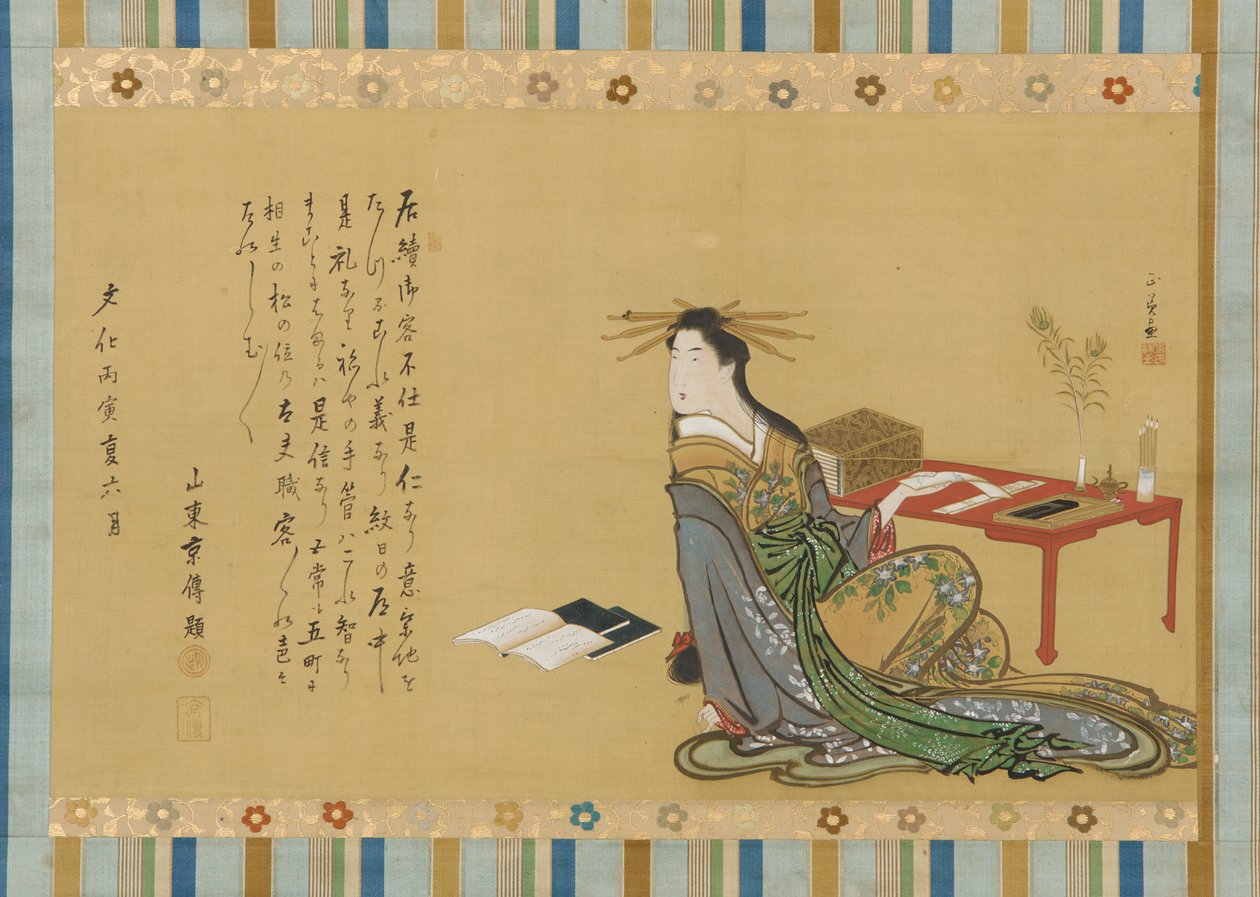 Prostituoitu kirjoituspöydän ääressä, Edo-kausi, 1806, 6. kuukausi. tekijältä Kitao Masayoshi
