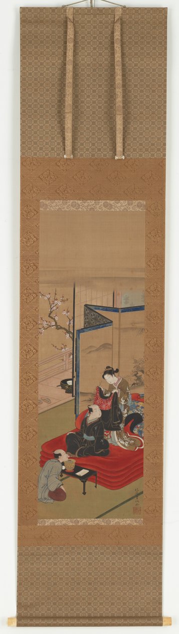 Kurtisaani auttaa miestä pukeutumaan, Edo-kausi, 1700-luvun puoliväli - 1800-luvun alku. tekijältä Kitao Shigemasa
