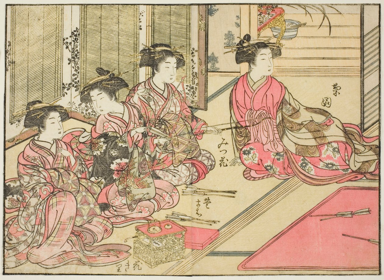 Kiriyan kurtisaanit, kirjasta "Mirror of Beautiful Women of the Pleasure Quarters (Seiro bijin awase sugata kagami)", voi. 2 tekijältä Kitao Shigemasa