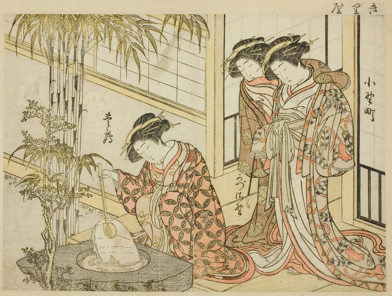 Maruyan kurtisaanit, kirjasta "Mirror of Beautiful Women of the Pleasure Quarters (Seiro bijin awase sugata kagami)", voi. 2 tekijältä Kitao Shigemasa