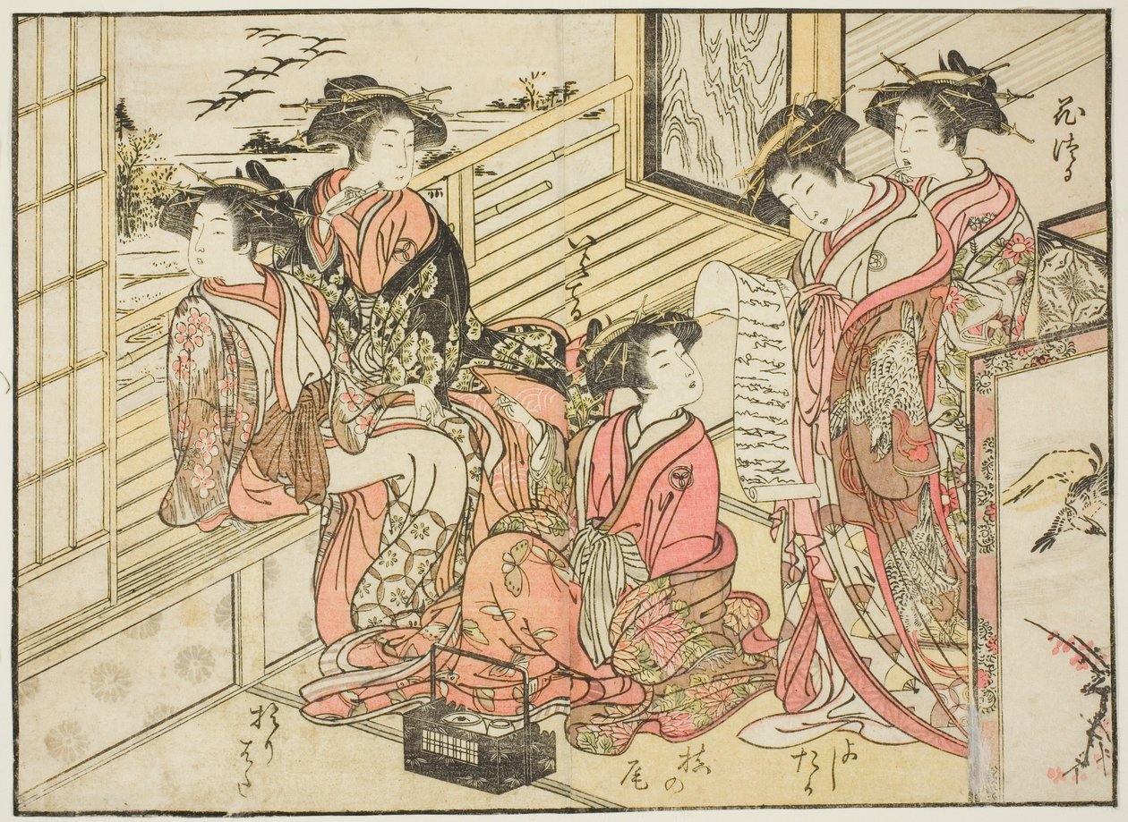 Okamoton kurtisaanit kirjasta "Mirror of Beautiful Women of the Pleasure Quarters (Seiro bijin awase sugata kagami)", voi. 2 tekijältä Kitao Shigemasa