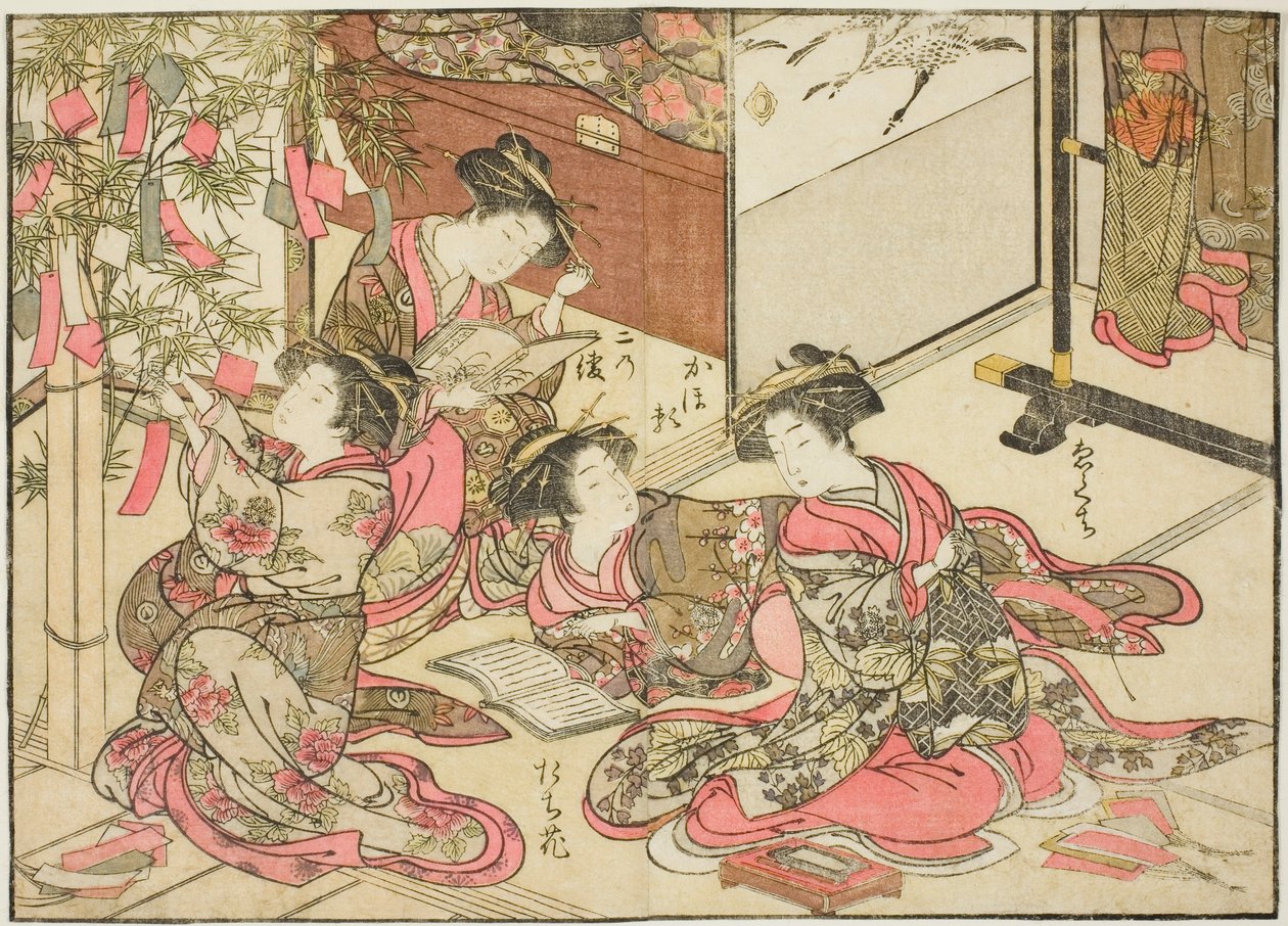 Shin Kanayan kurtisaanit kirjasta "Mirror of Beautiful Women of the Pleasure Quarters (Seiro bijin awase sugata kagami)", voi. 2 tekijältä Kitao Shigemasa