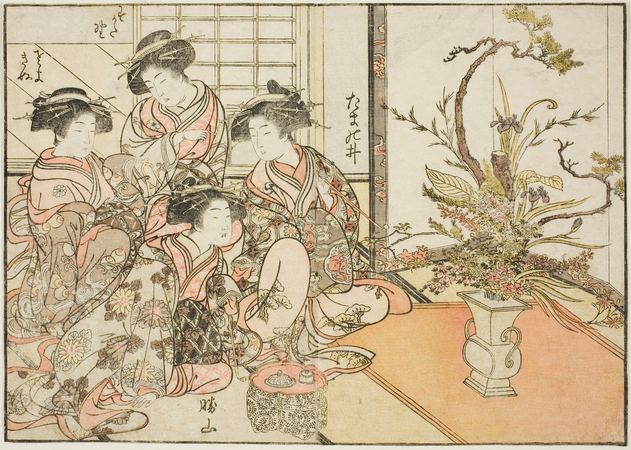 Yotsumayan kurtisaanit kirjasta "Mirror of Beautiful Women of the Pleasure Quarters (Seiro bijin awase sugata kagami)", voi. 2 tekijältä Kitao Shigemasa