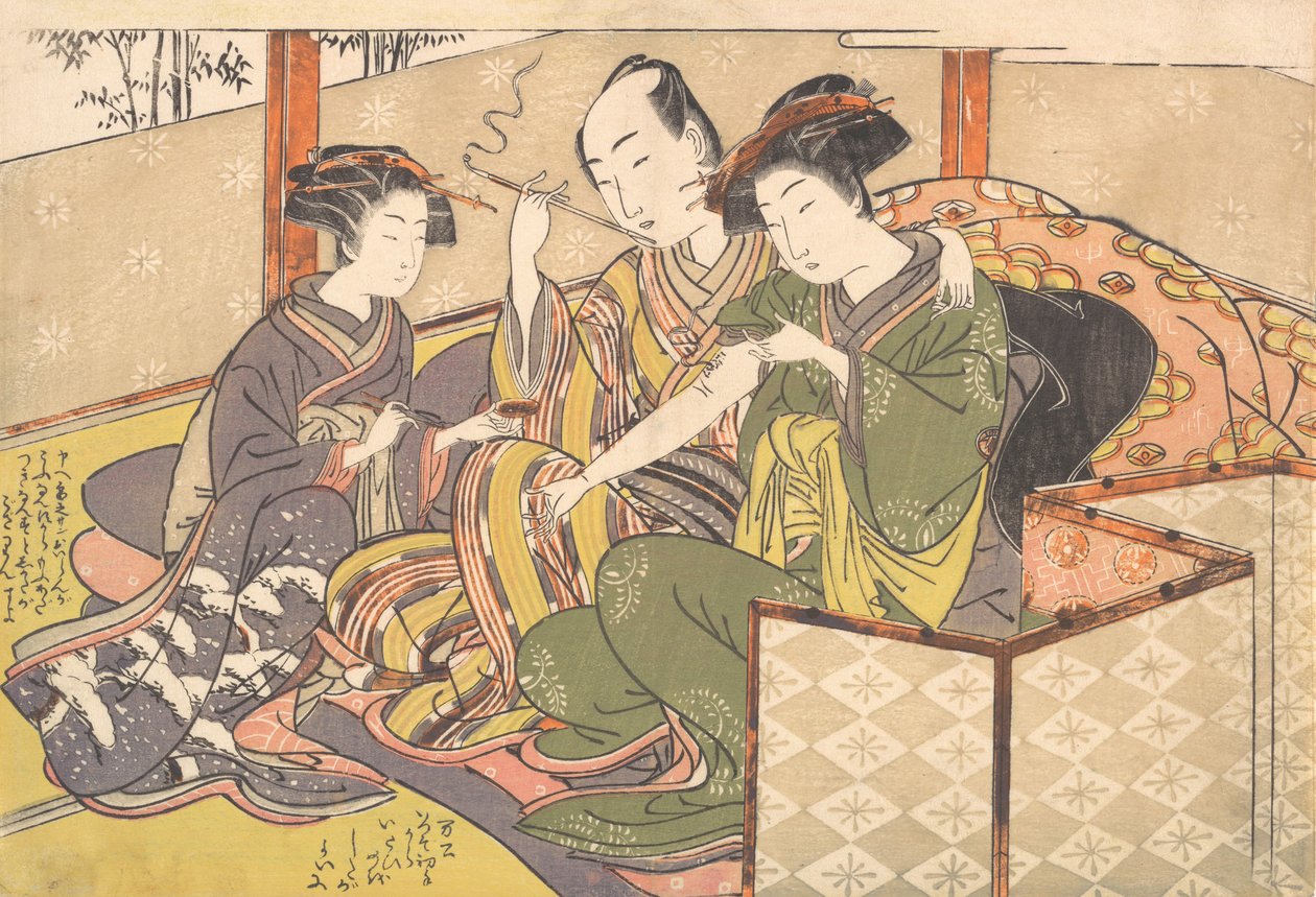 Palvelija soveltamassa lääkkeitä Geishan käsivarteen, 1700-luvun loppu. tekijältä Kitao Shigemasa