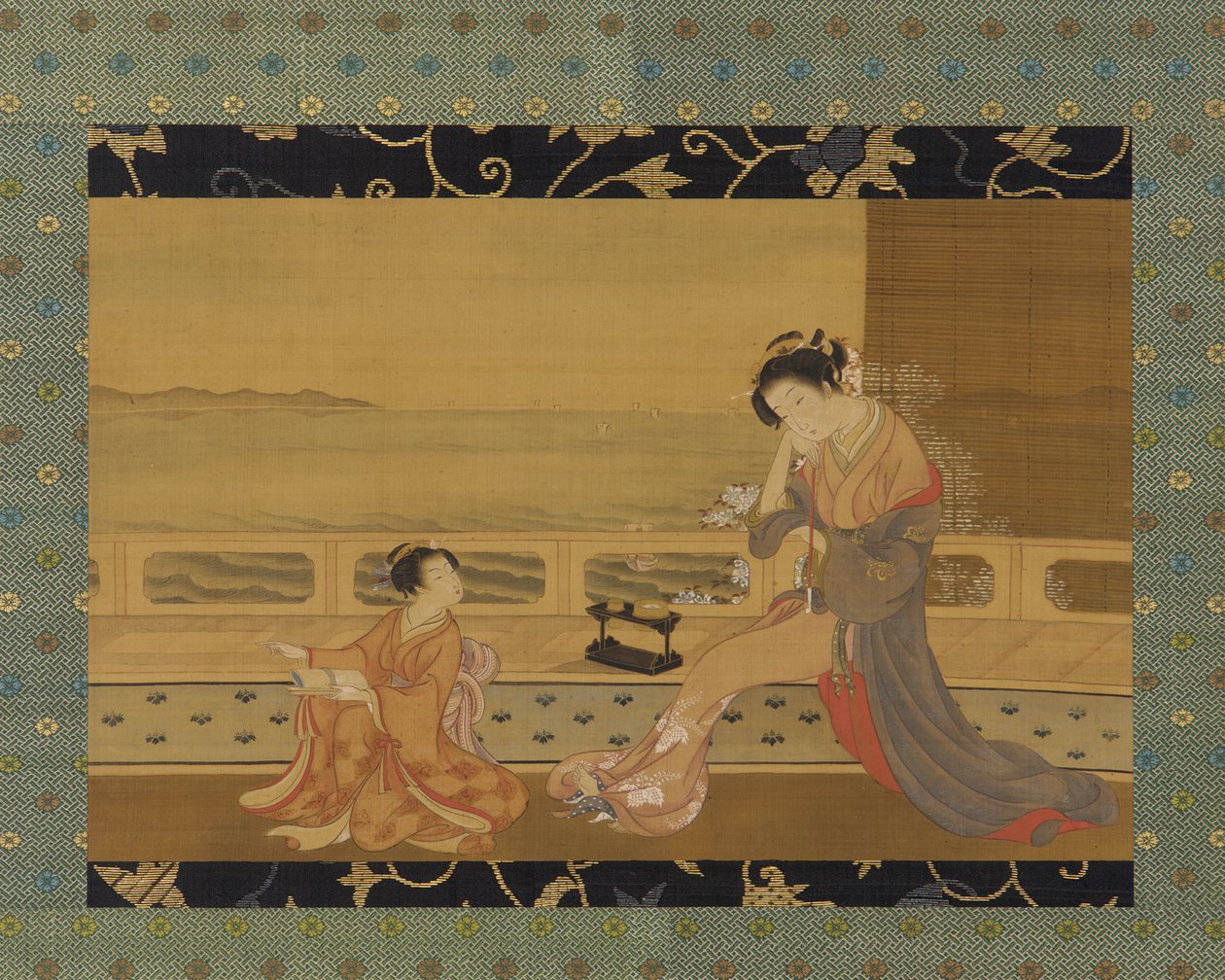 Kaksi tyttöä parvekkeella merinäköalalla, Edo-kausi, 1739-1820. tekijältä Kitao Shigemasa