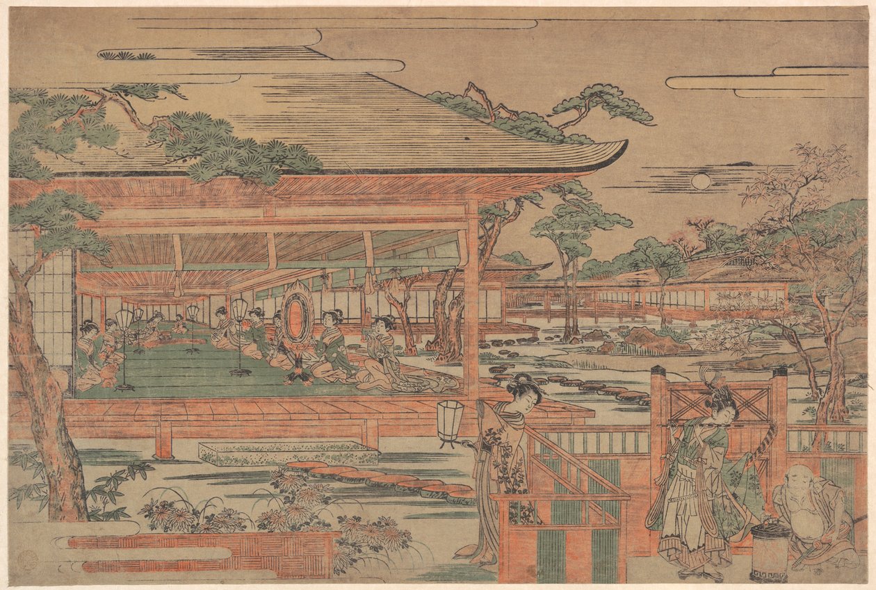 Ushiwaka, nuori Yoshitsune, laulaa serenadia Jorurihimelle tekijältä Kitao Shigemasa