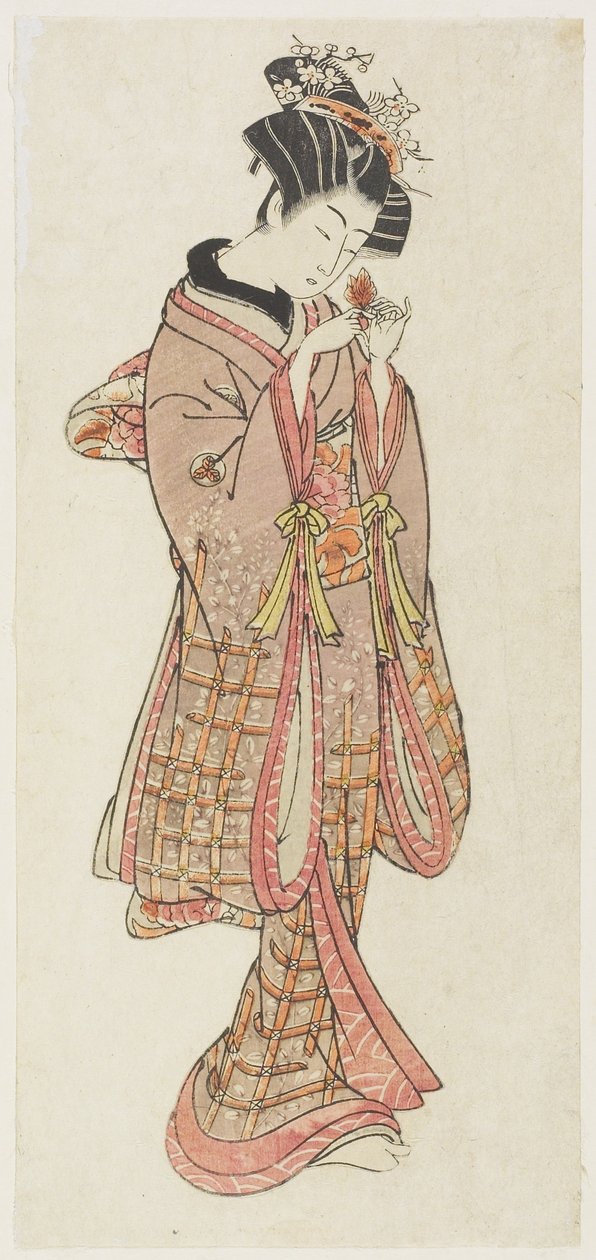 Nuori nainen tutkimassa jauhettua kirsikkaa, 1700-luvun loppu (värillinen puupainatus) tekijältä Kitao Shigemasa