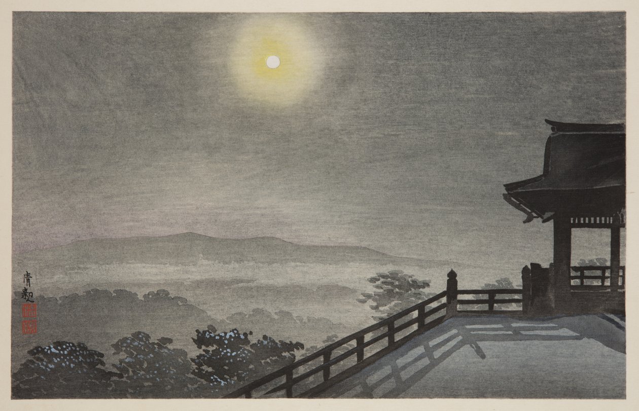 Viileä kuuilta Kiyomizudossa itäpääkaupungissa (T?to Kiyomizud? hiya tsukiyo) (värillinen puupalikkaprintti) tekijältä Kiyochika Kobayashi