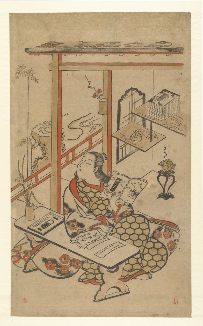 Nainen pöydässä lukemassa Genjin tarinaa. tekijältä Kiyomasu (I) , Torii (attributed to)