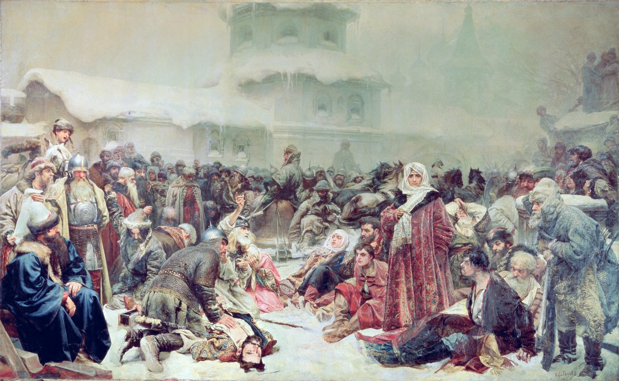 Tsaari Ivan III (1440-1505) Novgorodin tuhoaminen 1889 tekijältä Klavdiy Vasilievich Lebedev