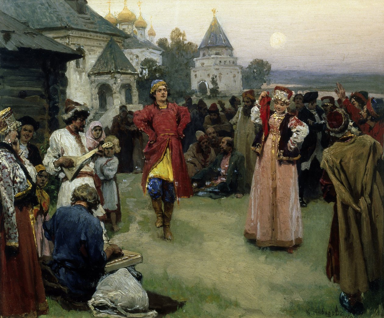 Tanssi (pari nuoripari perinteisissä pukutanssissa kyläläisten joukossa iltahämärässä) (Tanssi) - Klavdi Vasilyevich Lebedevin (1852-1916) maalaus, öljy pahville (26x31 cm) tekijältä Klavdiy Vasilievich Lebedev