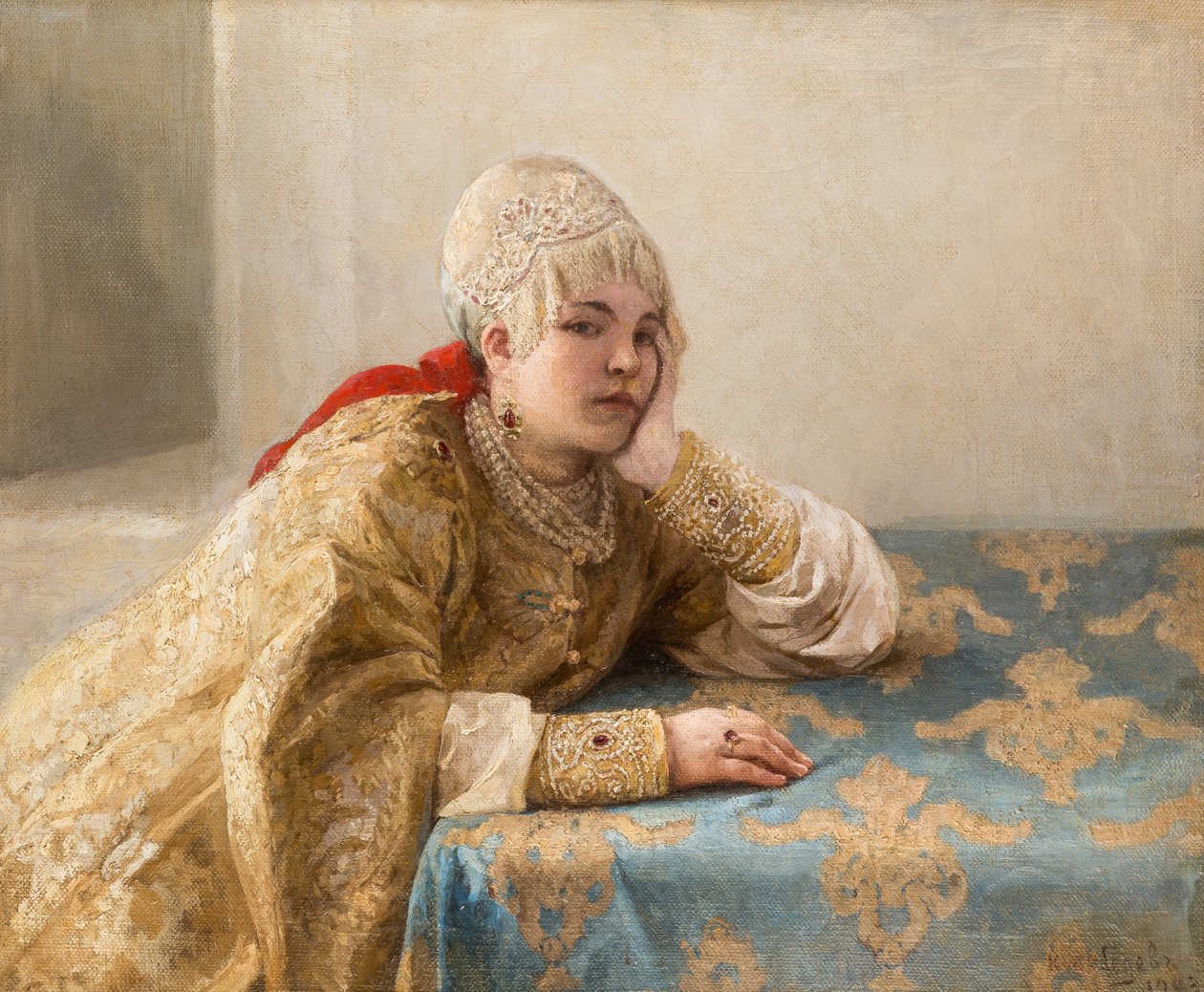 Fille de boyard (boiar) - Boyarin tytär, kirjoittanut Lebedev, Klavdi (Klavdy) (1852-1916). Öljy kankaalle tekijältä Klavdiy Vasilievich Lebedev