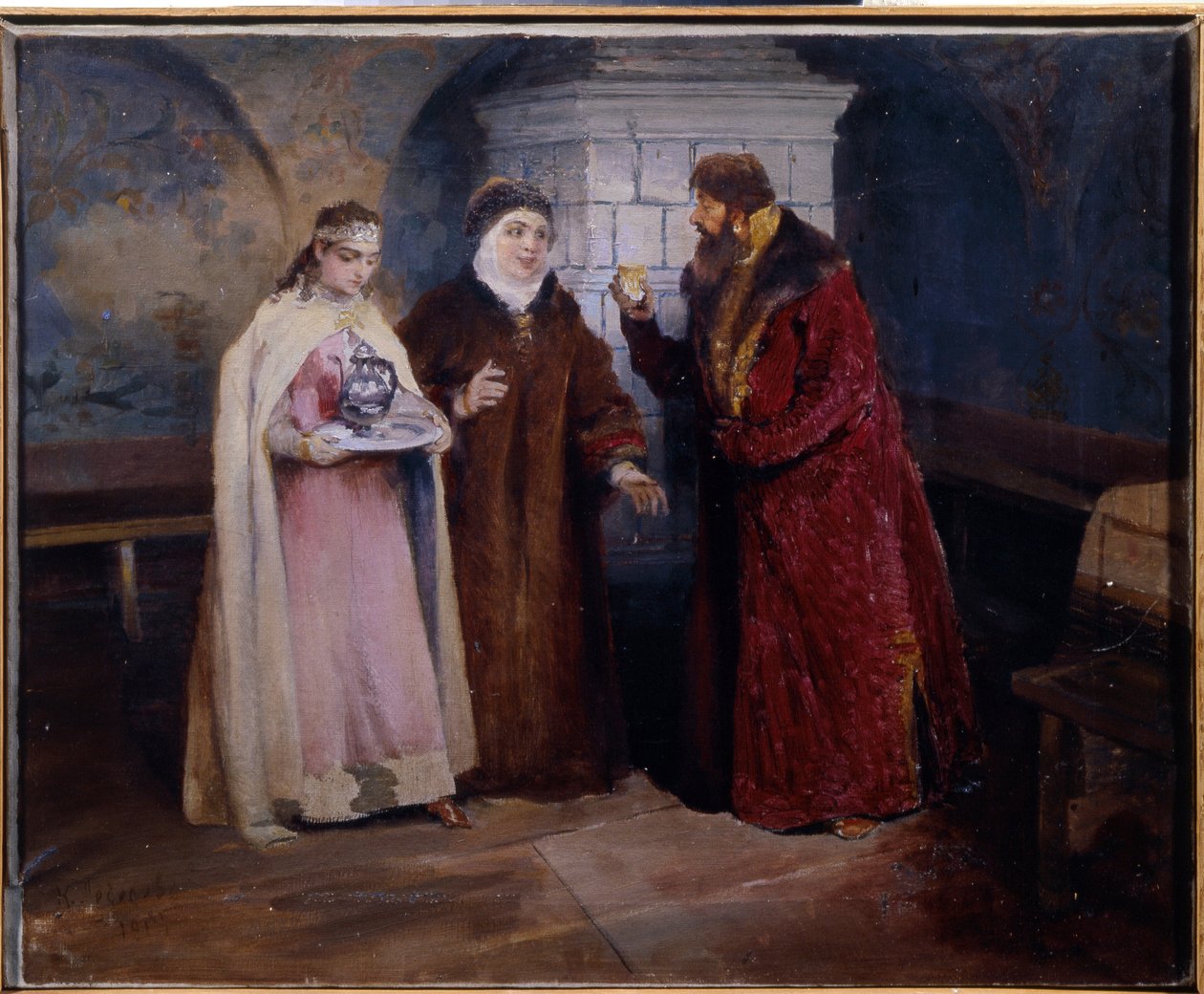 Morsiamen valinta. Domostroin aikana (1500-luvulla) mies tekee avioliittoehdotuksensa nuoren tytön äidille, joka kantaa karahvia hopeatarjottimella. Klavdi Vasilyevich Lebedevin (1852-1916) maalaus, öljymaalaus tekijältä Klavdiy Vasilievich Lebedev