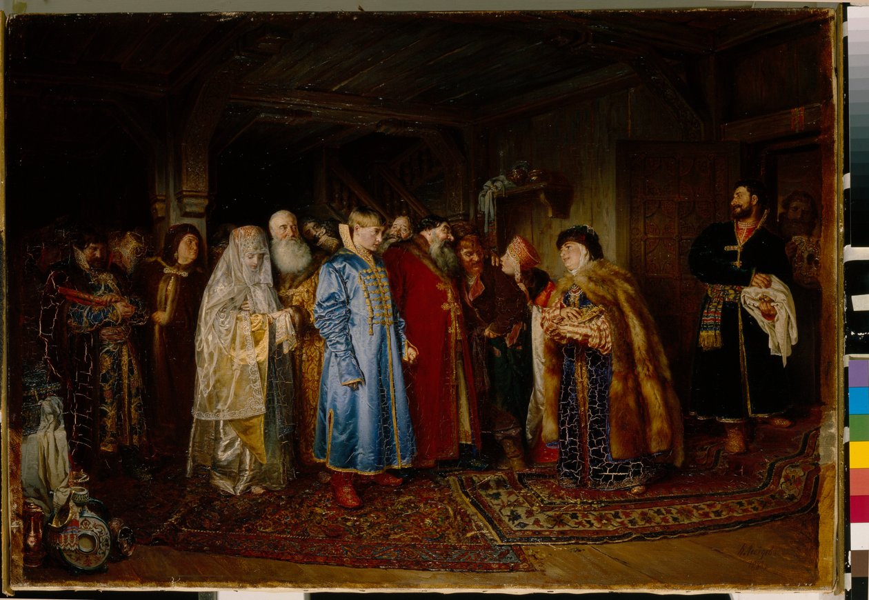 Boyar häät (boyar, boyar) 1500-luvulla, morsiamella on kokochnik (Bojaarin häät) - Öljy kankaalle, kirjoittanut Klavdi Vasilyevich Lebedev (1852-1916) tekijältä Klavdiy Vasilievich Lebedev