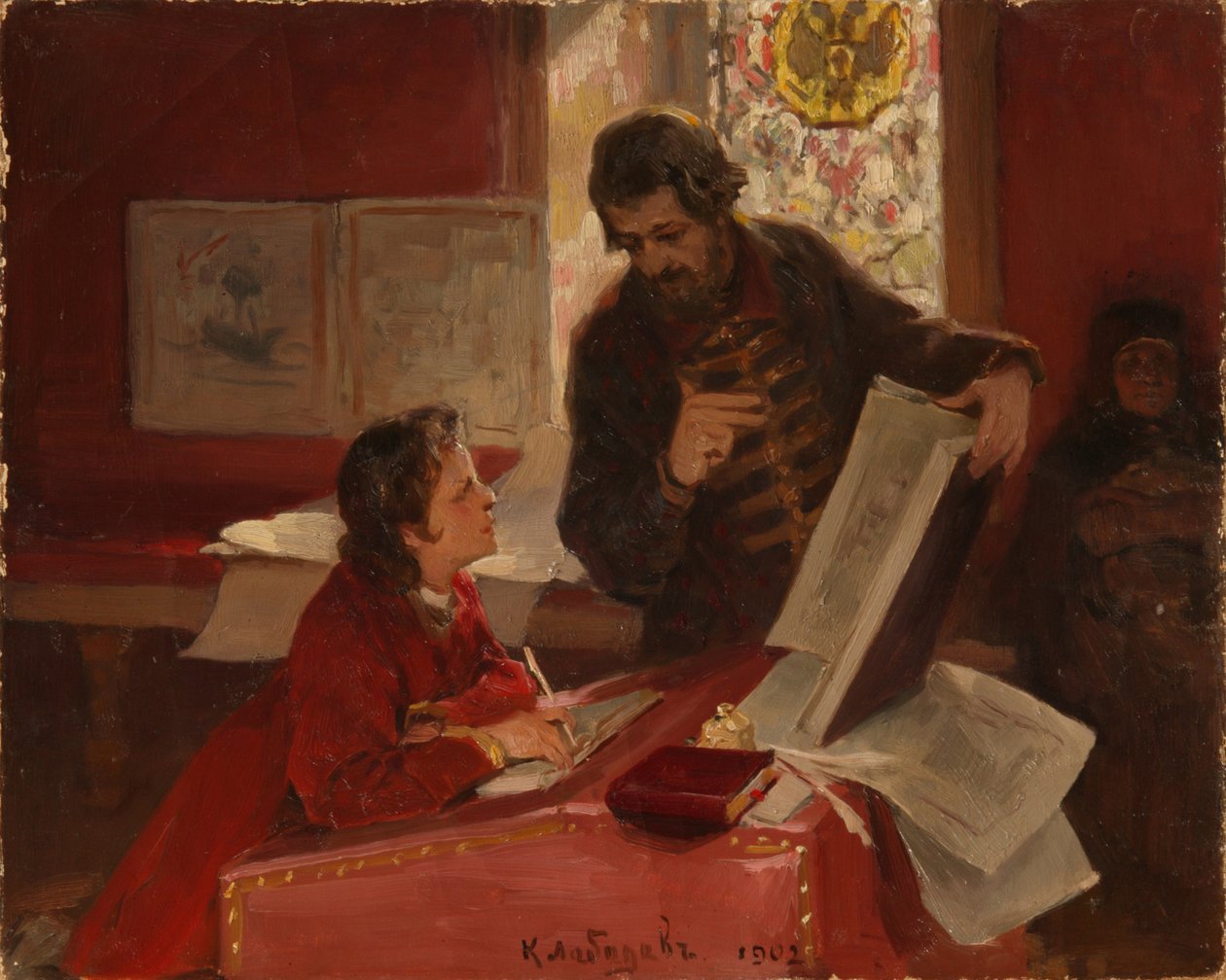 Nikita Zotov opettaa nuorta Pietari I:tä, 1902 tekijältä Klavdiy Vasilievich Lebedev