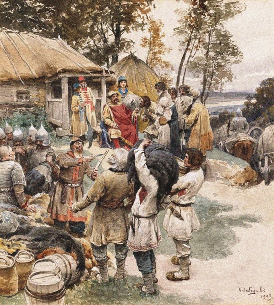 Poliudie Keräämässä kunnianosoitusta. Kiovan Igor kunnioittaa drevljalaisia, 1903 tekijältä Klavdiy Vasilievich Lebedev