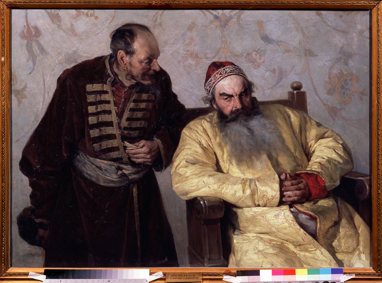 Une denunciation au Boyar (boiard, boiar) (To the Boyar With A Denunciation). Vaikeina aikoina (1598-1613) tsaari Ivan IV Kamalan (1530-1584) aikana Moskovan suurruhtinaskunnassa mies, joka piti kädessään taitettua paperia, puhui tekijältä Klavdiy Vasilievich Lebedev