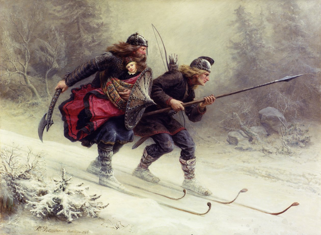 Norjan kuninkaan sotilaat Sverre, Torstein Skevla ja Skjervald Skrukka kantaen kuninkaan poikaa Hakon Hakonssonia tekijältä Knud Bergslien