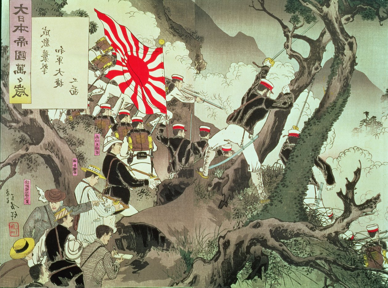 Kohtaus Kiinan ja Japanin sodasta Koreassa (puupalikkakaiverrus) tekijältä Kobayashi Kiyochika