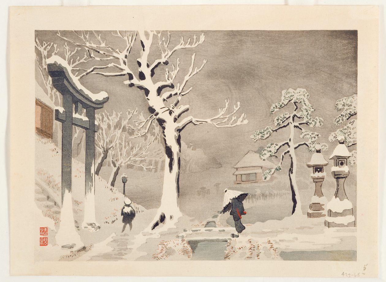 Lumimaisema penkereen alla Mimeguri-pyhäkössä, Mukojima, n. 1915 (puupalikka) tekijältä Kobayashi Kiyochika