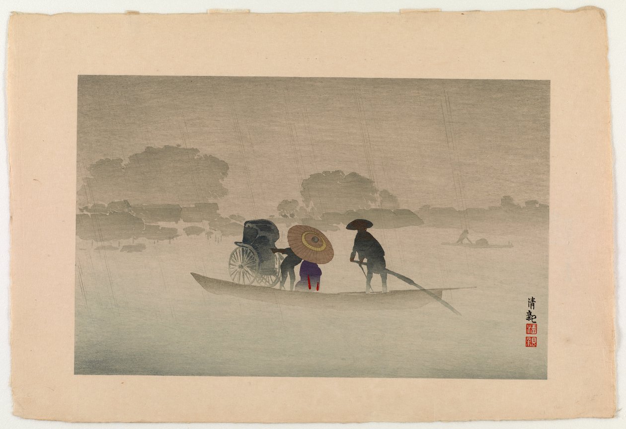 Takeya-lautta Matsuchichiyamassa kevätsateessa, 1929 (värillinen puupainatus) tekijältä Kobayashi Kiyochika