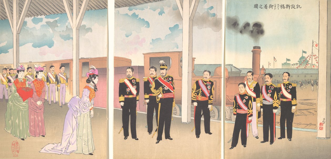 Kuva keisarin saapumisesta Shinbashin asemalle voiton riemua seuranneessa..., 1895. tekijältä Kobayashi Kiyochika